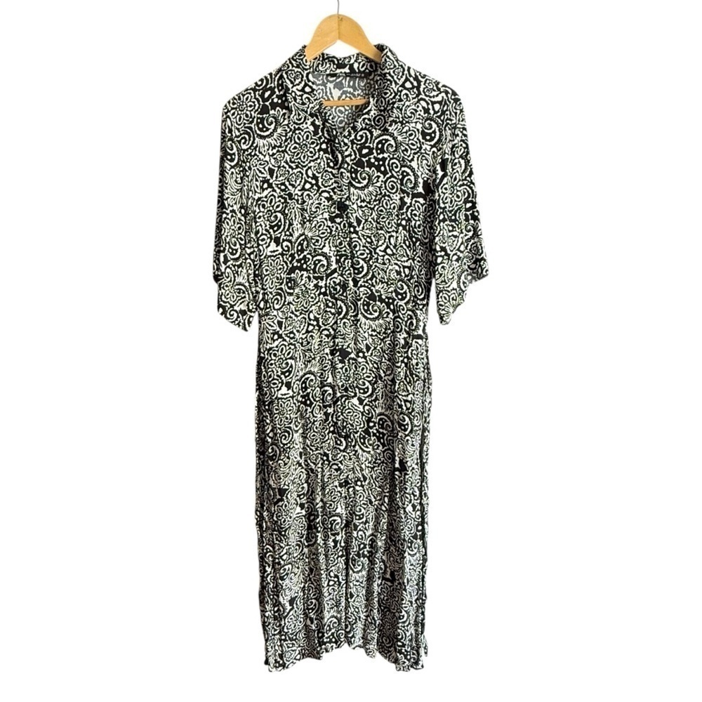 Zara Black White Printed Button Down Shirt Midi Dress V-Neck Lapel Collar Large - Picture 7 of 11